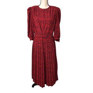 Vintage Lady Carol Petites Dress Size M Red Black Floral Pleated Belted 80s